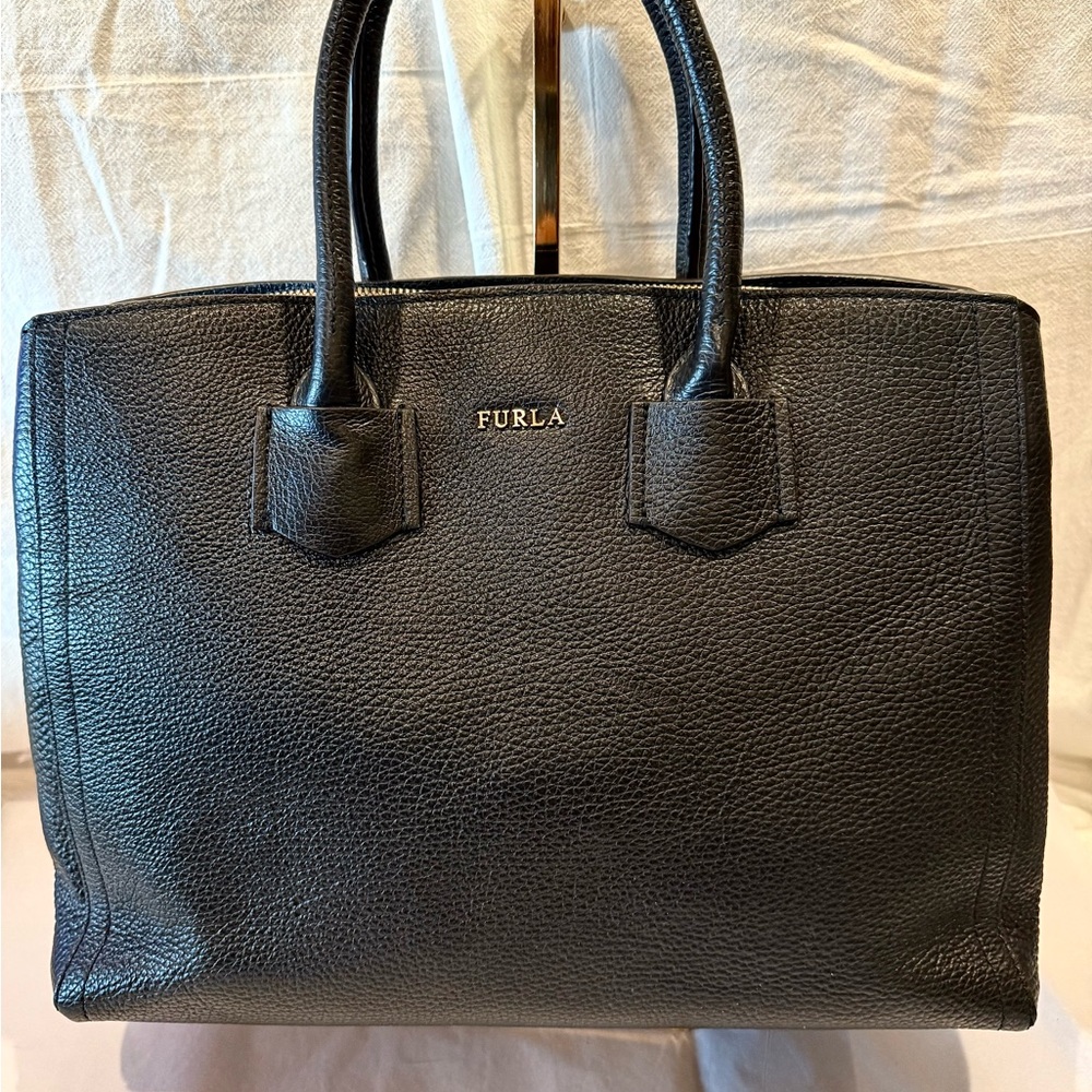 Furla Black Supple Pebbled Leather Tote with Gold Logo